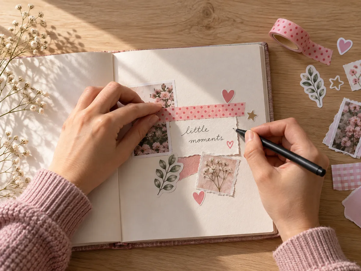 Hands pressing a strip of pink washi tape onto a scrapbook page beside a handwritten note and a few stickers