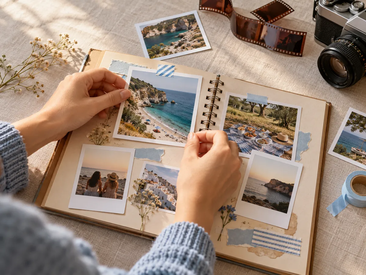 Hands laying printed and instant photos onto a scrapbook page, with a strip of film beside them