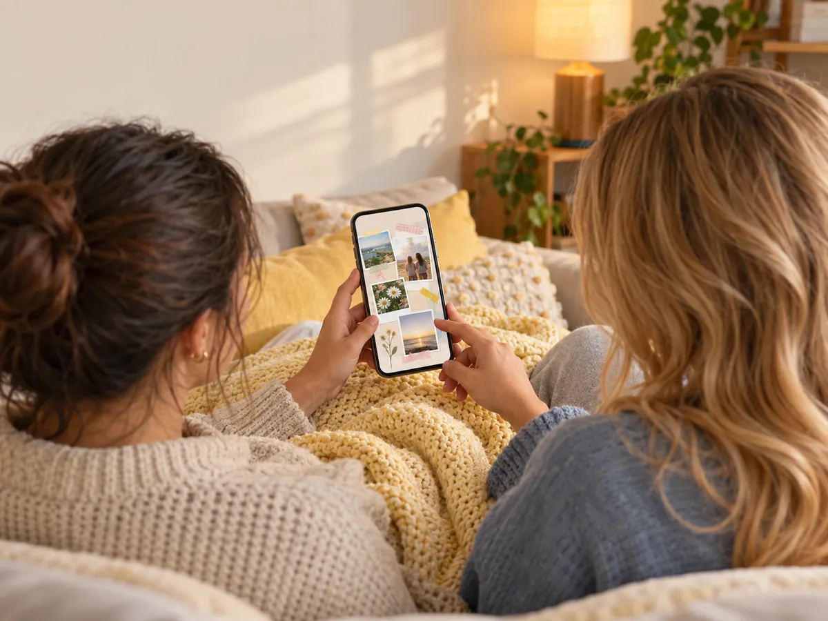 Two friends viewed from behind on a sofa looking at a scrapbook page open on a phone