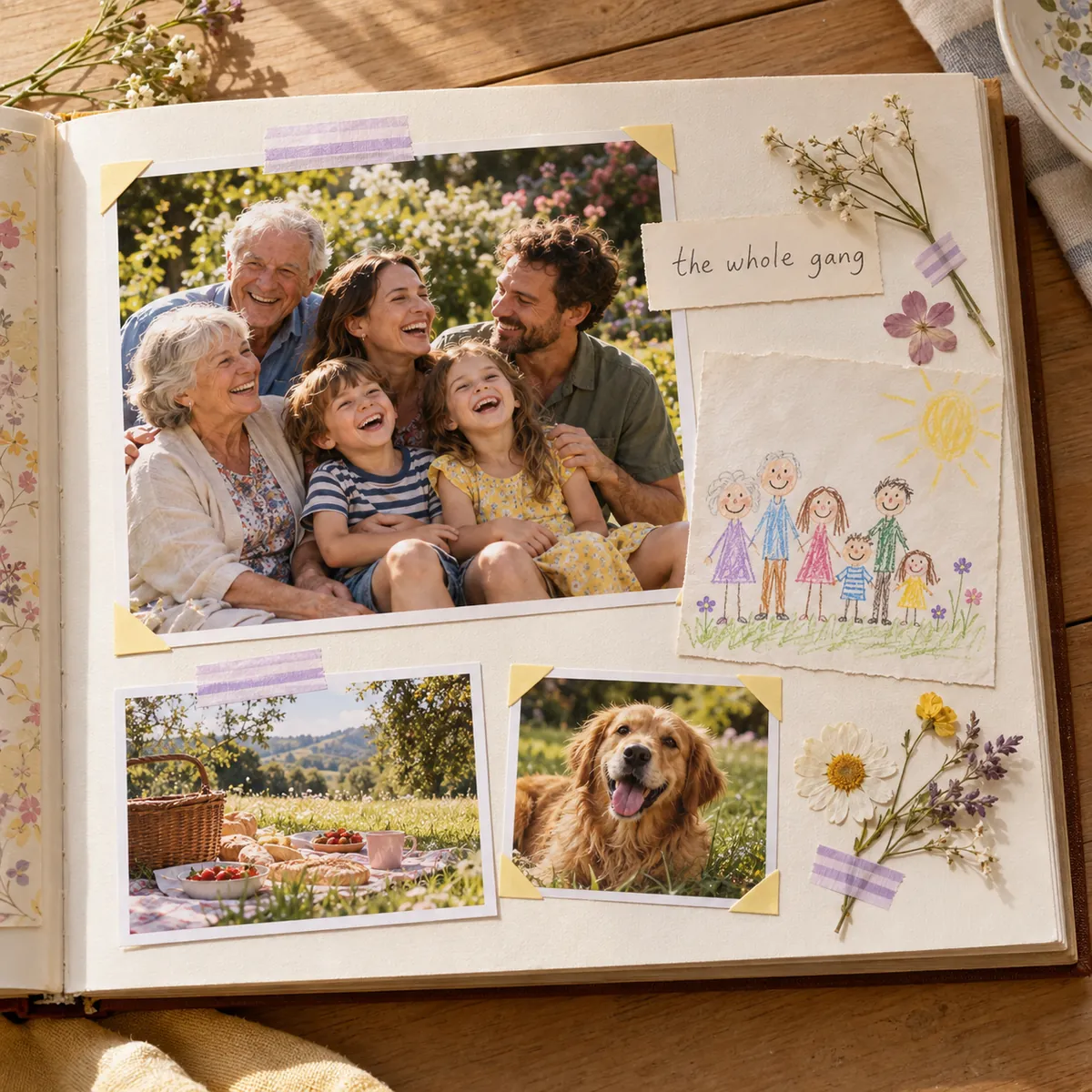 A family scrapbook spread with a group photo, children's drawings and lavender tape