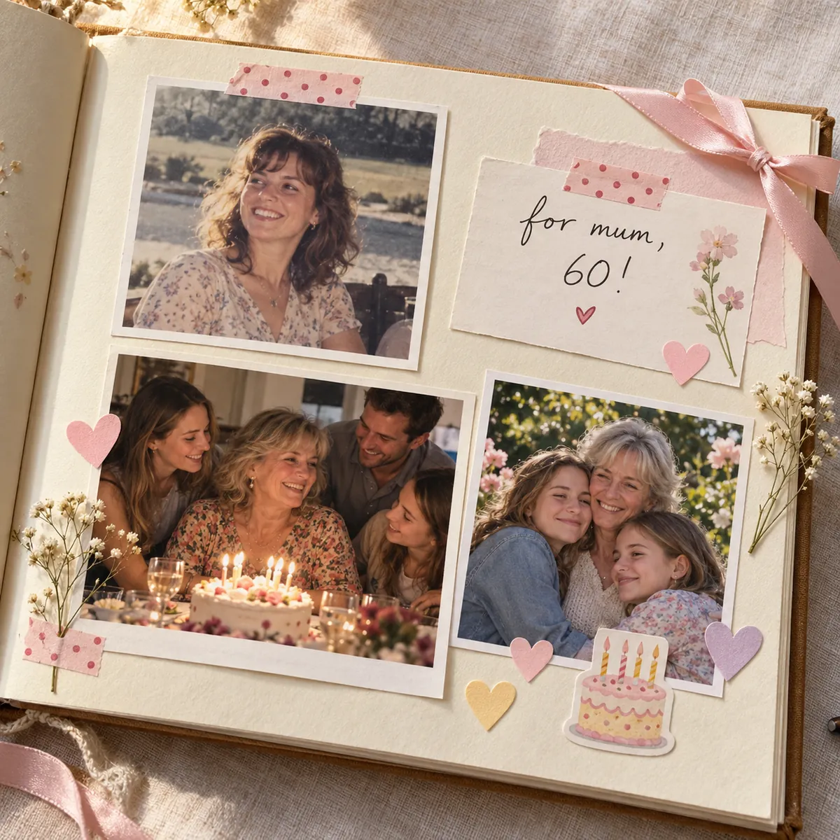A birthday scrapbook page with old family photos, a handwritten note and pink ribbon