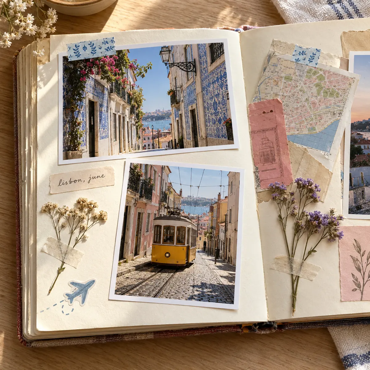 An open travel scrapbook with a photo of a tiled Lisbon street, a tram ticket and blue washi tape